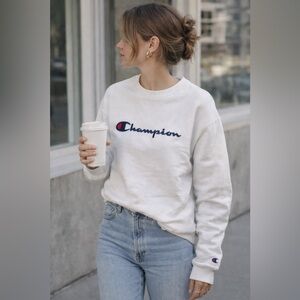 Champion Reverse Weave White Crewneck Sweatshirt Size M Classic Logo